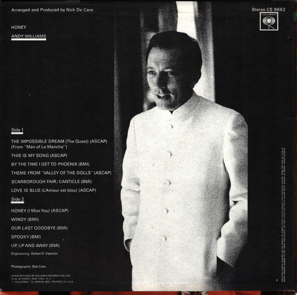 Andy Williams : Honey (LP, Album, San)