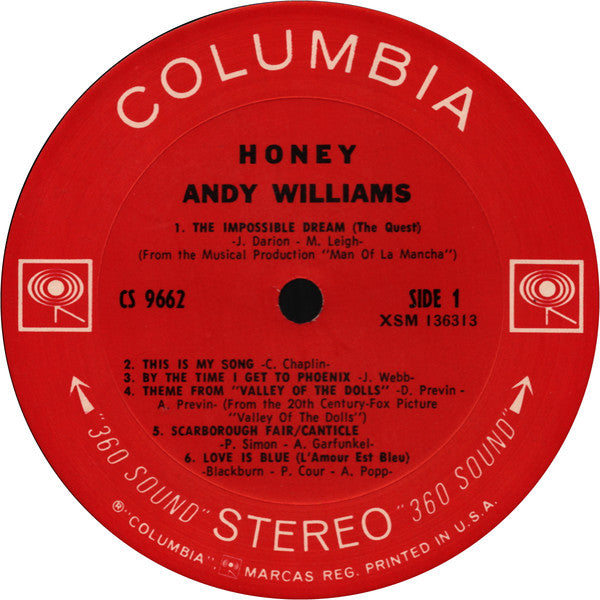 Andy Williams : Honey (LP, Album, San)