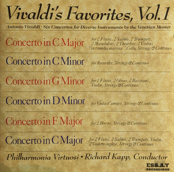Antonio Vivaldi, Philharmonia Virtuosi, Richard Kapp : Vivaldi's Favorites, Vol. 1 (Six Concertos For Diverse Instruments) (CD, Club)