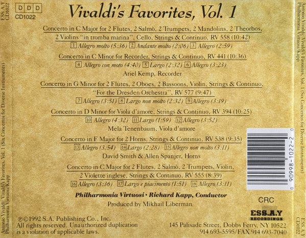 Antonio Vivaldi, Philharmonia Virtuosi, Richard Kapp : Vivaldi's Favorites, Vol. 1 (Six Concertos For Diverse Instruments) (CD, Club)