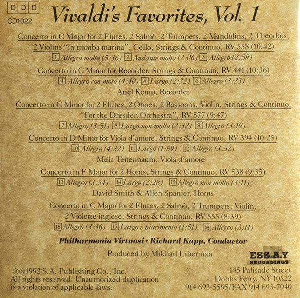 Antonio Vivaldi, Philharmonia Virtuosi, Richard Kapp : Vivaldi's Favorites, Vol. 1 (Six Concertos For Diverse Instruments) (CD, Club)