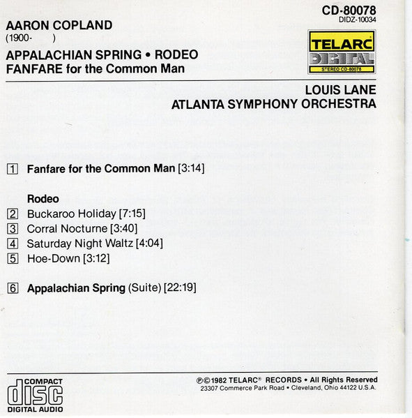 Copland* - Louis Lane, Atlanta Symphony Orchestra : Appalachian Spring • Rodeo • Fanfare For The Common Man (CD, Album, 1st)