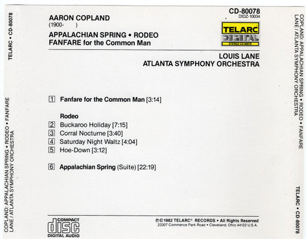 Copland* - Louis Lane, Atlanta Symphony Orchestra : Appalachian Spring • Rodeo • Fanfare For The Common Man (CD, Album, 1st)