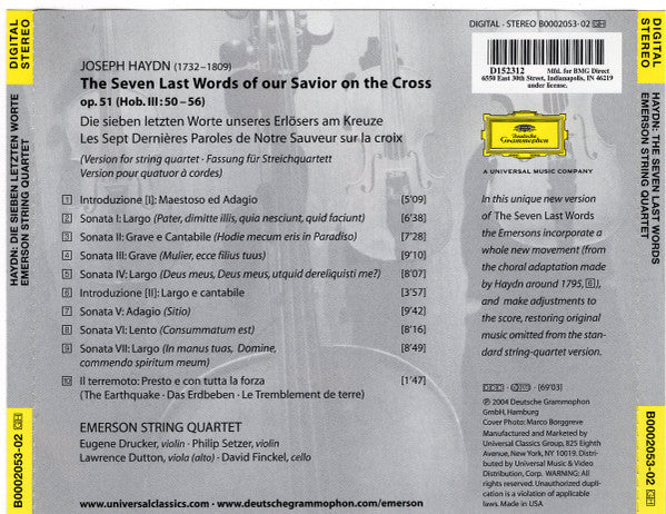 Haydn* / Emerson String Quartet : The Seven Last Words (CD, Club, BMG)