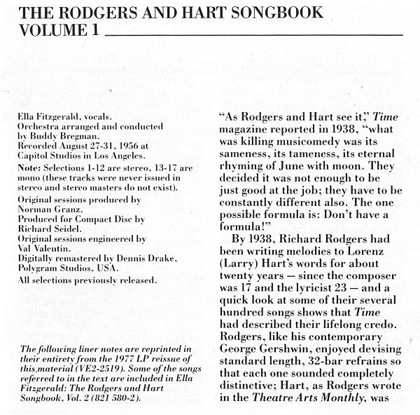 Ella Fitzgerald : The Rodgers And Hart Songbook Volume 1 (CD, Album, Comp, Mono, RE, RM)