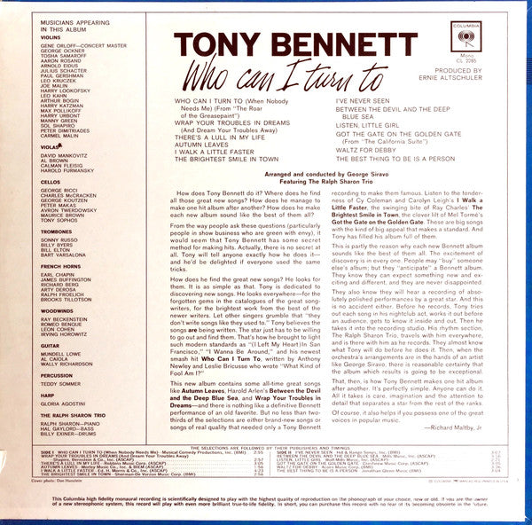 Tony Bennett : Who Can I Turn To (LP, Album, Mono)