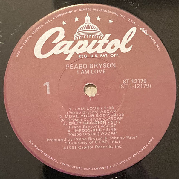 Peabo Bryson : I Am Love (LP, Album, Jac)