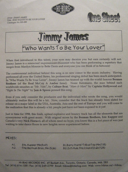 Jimmy James : Who Wants To Be Your Lover (12", Promo, W/Lbl, Sti)
