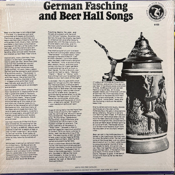 Unknown Artist : German Fasching And Beer Hall Songs (LP, RP)