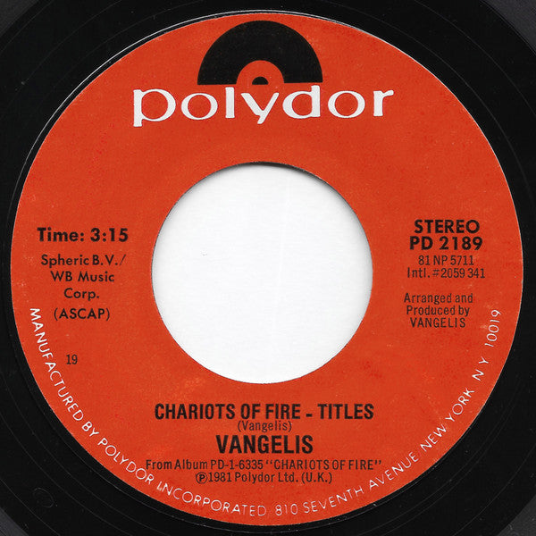 Vangelis : Chariots Of Fire - Titles (7", Single, 19 )