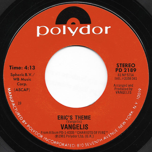 Vangelis : Chariots Of Fire - Titles (7", Single, 19 )