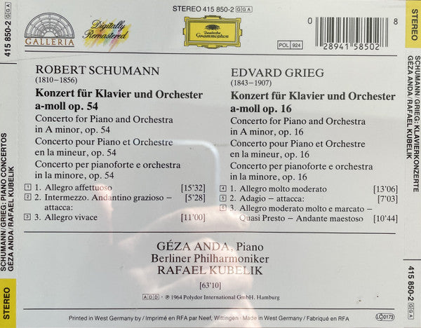 Robert Schumann / Edvard Grieg - Géza Anda, Berliner Philharmoniker, Rafael Kubelik : Klavierkonzerte (CD, Album, RE, RM)