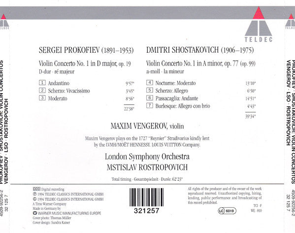 Prokofiev* & Shostakovich*, Vengerov*, London Symphony Orchestra, Rostropovich* : Violin Concertos No.1 (CD, Album, Club, RE)