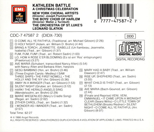 Kathleen Battle, New York Choral Artists, The Boys' Choir Of Harlem*, The Orchestra Of St. Luke's*, Leonard Slatkin : A Christmas Celebration (CD, Album, RE)