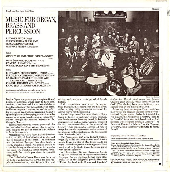 E. Power Biggs, The Columbia Brass And Percussion Ensemble, Maurice Peress : Music For Organ, Brass And Percussion (LP, Album)