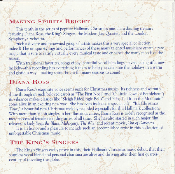 Diana Ross Featuring The Modern Jazz Quartet, The King's Singers, The London Symphony Orchestra* : Making Spirits Bright (CD, Album)
