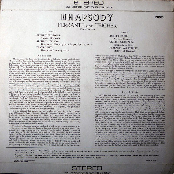 Ferrante & Teicher : Rhapsody (LP, Album, RE)