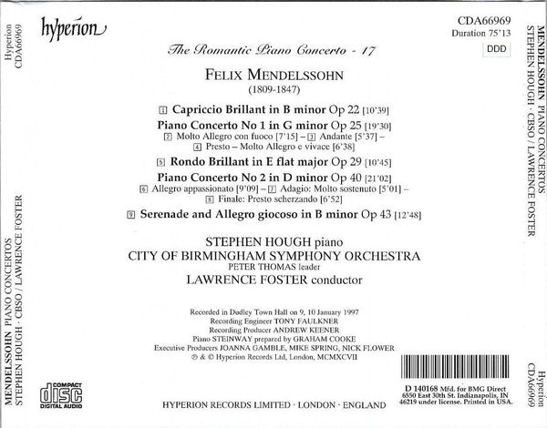 Mendelssohn* - Stephen Hough, City Of Birmingham Symphony Orchestra, Lawrence Foster : Piano Concerto No 1 In G Minor / Piano Concerto No 2 In D Minor / Capriccio Brillant, Op 22 / Rondo Brillant, Op 29 / Serenade And Allegro Giocoso, Op 43 (CD, Album, Club)