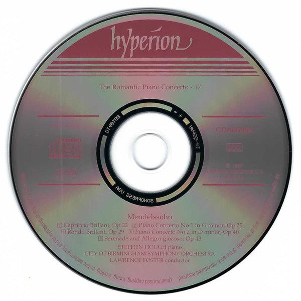 Mendelssohn* - Stephen Hough, City Of Birmingham Symphony Orchestra, Lawrence Foster : Piano Concerto No 1 In G Minor / Piano Concerto No 2 In D Minor / Capriccio Brillant, Op 22 / Rondo Brillant, Op 29 / Serenade And Allegro Giocoso, Op 43 (CD, Album, Club)