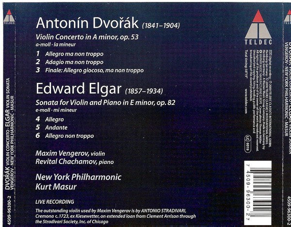 Elgar* / Dvořák* - Maxim Vengerov, Kurt Masur, Revital Chachamov (Piano)*, New York Philharmonic : Violin Sonata / Violin Concerto (CD)