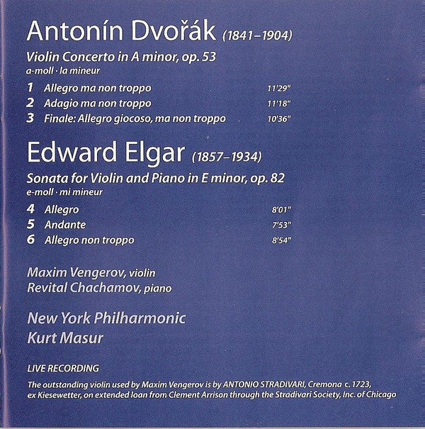 Elgar* / Dvořák* - Maxim Vengerov, Kurt Masur, Revital Chachamov (Piano)*, New York Philharmonic : Violin Sonata / Violin Concerto (CD)