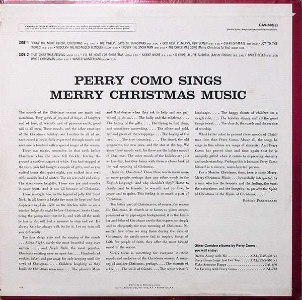 Perry Como : Perry Como Sings Merry Christmas Music (LP, Album, RE,  Ho)