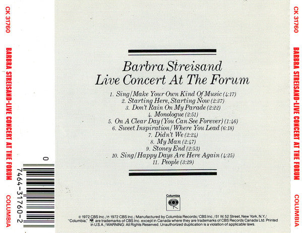 Buy Barbra Streisand : Live Concert At The Forum (CD, Album, RE