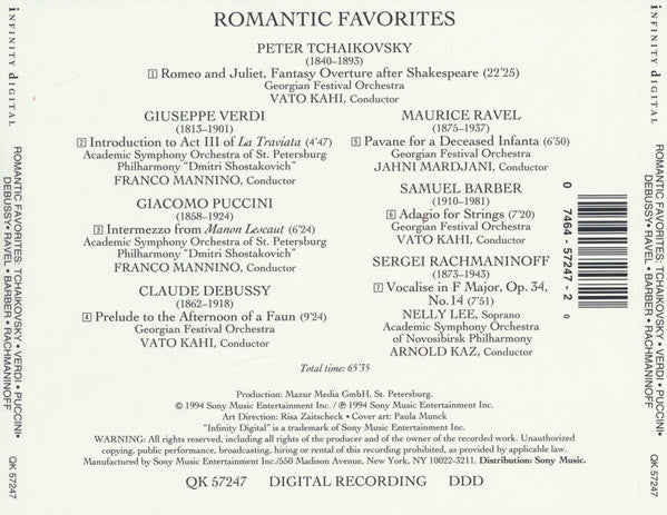 Tchaikovsky*, Barber*, Puccini*, Debussy*, Verdi*, Ravel*, Rachmaninoff* : Romantic Favorites (CD, Album)