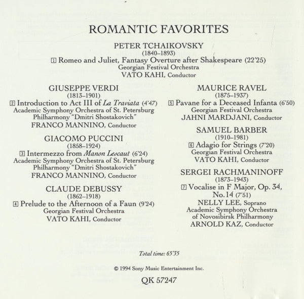 Tchaikovsky*, Barber*, Puccini*, Debussy*, Verdi*, Ravel*, Rachmaninoff* : Romantic Favorites (CD, Album)