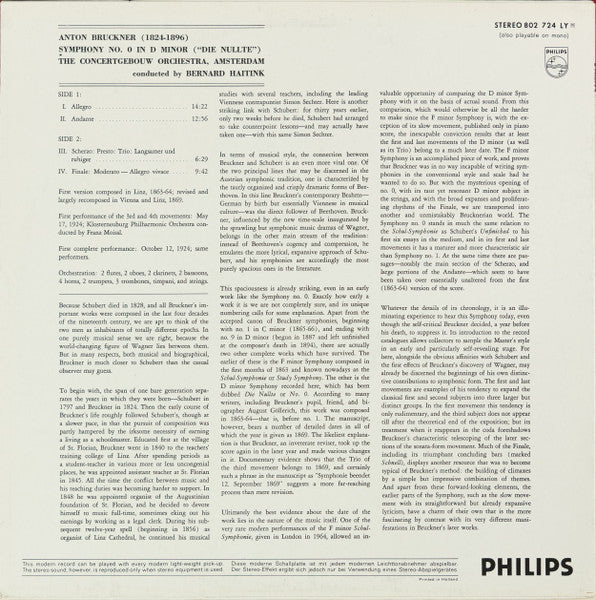 Concertgebouw Orchestra, Amsterdam*, Bernard Haitink, Bruckner* : Symphony No. '0' In D Minor (LP, Album)