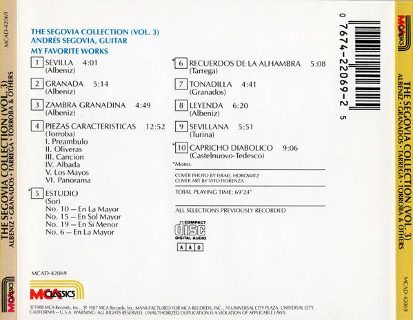 Andrés Segovia - Albeniz*, Castelnuovo-Tedesco*, Granados*, Tarrega*, Torroba* : The Segovia Collection, Vol. 3: My Favorite Works (CD, Comp, RM)