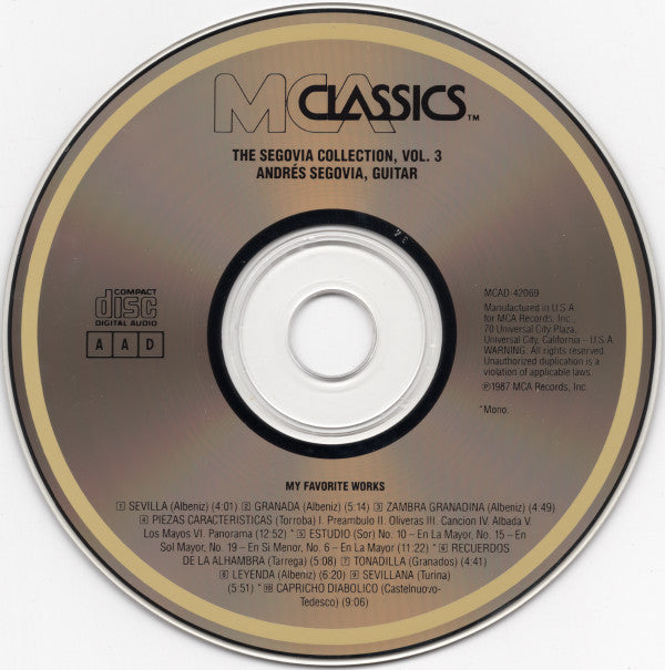 Andrés Segovia - Albeniz*, Castelnuovo-Tedesco*, Granados*, Tarrega*, Torroba* : The Segovia Collection, Vol. 3: My Favorite Works (CD, Comp, RM)