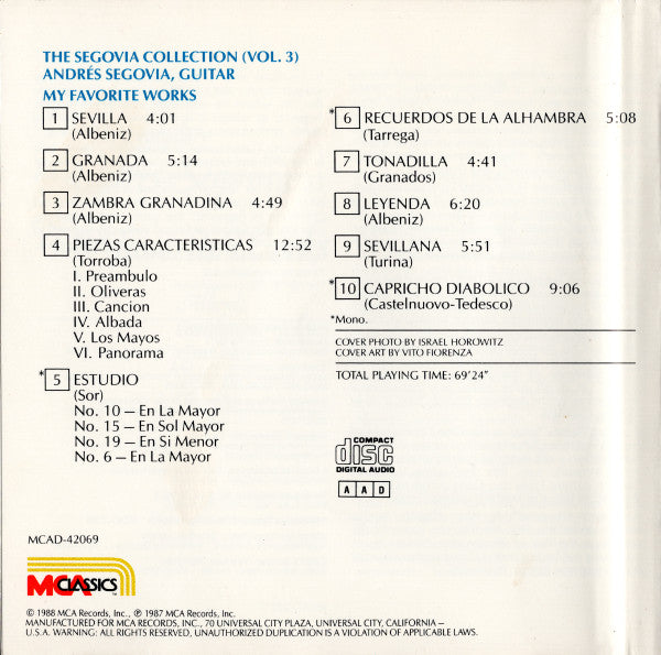 Andrés Segovia - Albeniz*, Castelnuovo-Tedesco*, Granados*, Tarrega*, Torroba* : The Segovia Collection, Vol. 3: My Favorite Works (CD, Comp, RM)
