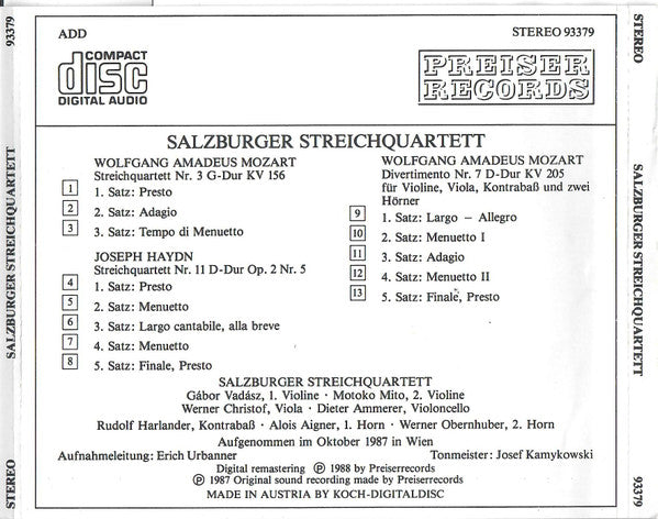 Salzburger Streichquartett*, Wolfgang Amadeus Mozart, Joseph Haydn : Streichquartett Nr. 3 G-Dur KV 156 / Divertimento Nr. 7 D-Dur KV 205 / Streichquartett Nr. 7 D-Dur Op. 2 Nr.5 (CD, RE)