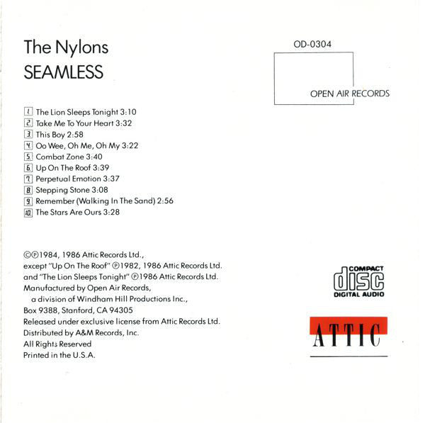 The Nylons : Seamless (CD, Album, RP, Den)