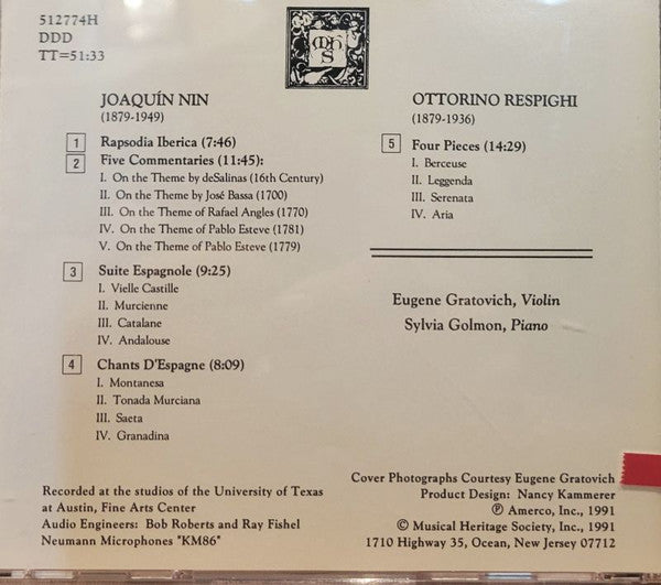 Ottorino Respighi, Joaquin Nin, Eugene Gratovich, Sylvia Golmon : Music For Violin And Piano (CD)