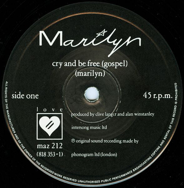 Marilyn : Cry And Be Free (12", Single)