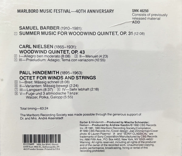 Barber* / Nielsen* / Hindemith* : Summer Music For Woodwind Quintet / Woodwind Quintet / Octet For Winds & Strings (CD, Album, Comp, Club, RE)