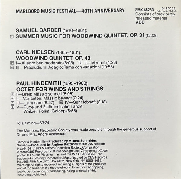 Barber* / Nielsen* / Hindemith* : Summer Music For Woodwind Quintet / Woodwind Quintet / Octet For Winds & Strings (CD, Album, Comp, Club, RE)