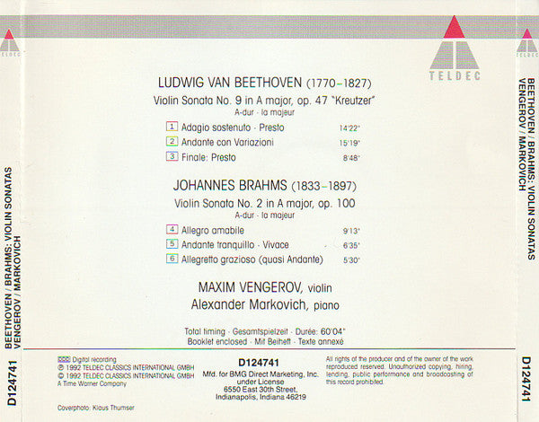 Beethoven* / Brahms* - Maxim Vengerov, Alexander Markovich : Sonata No. 9 "Kreutzer" / Sonata No. 2 In A Major (CD, Album, Club)