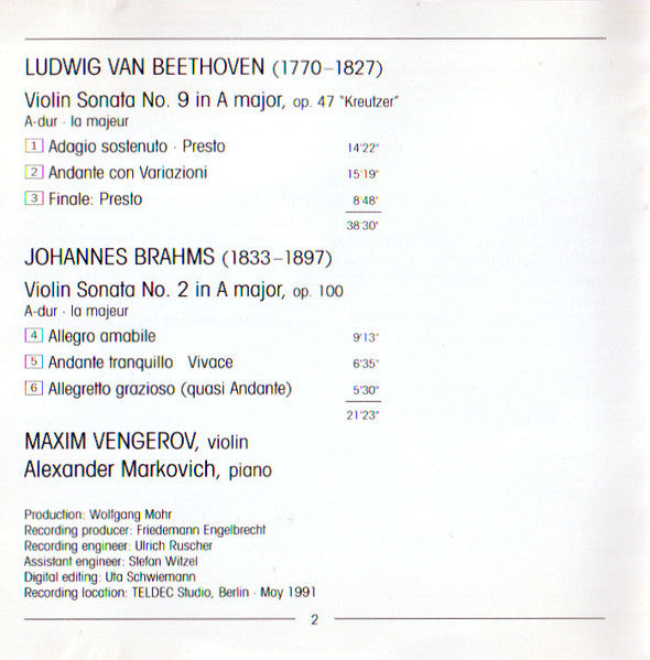 Beethoven* / Brahms* - Maxim Vengerov, Alexander Markovich : Sonata No. 9 "Kreutzer" / Sonata No. 2 In A Major (CD, Album, Club)