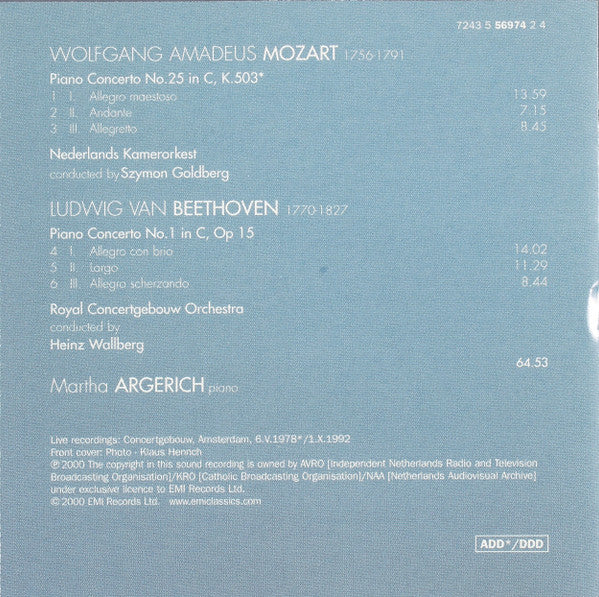 Martha Argerich, Mozart*, Netherlands Chamber Orchestra, Szymon Goldberg, Beethoven*, Royal Concertgebouw Orchestra*, Heinz Wallberg : Live From The Concertgebouw 1978 & 1992 (CD, Album, Club)