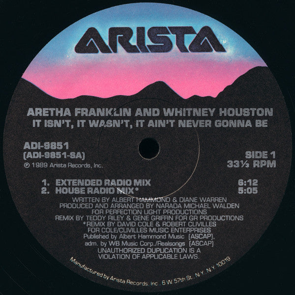 Aretha Franklin & Whitney Houston : It Isn't, It Wasn't, It Ain't Never Gonna Be (12", Promo)
