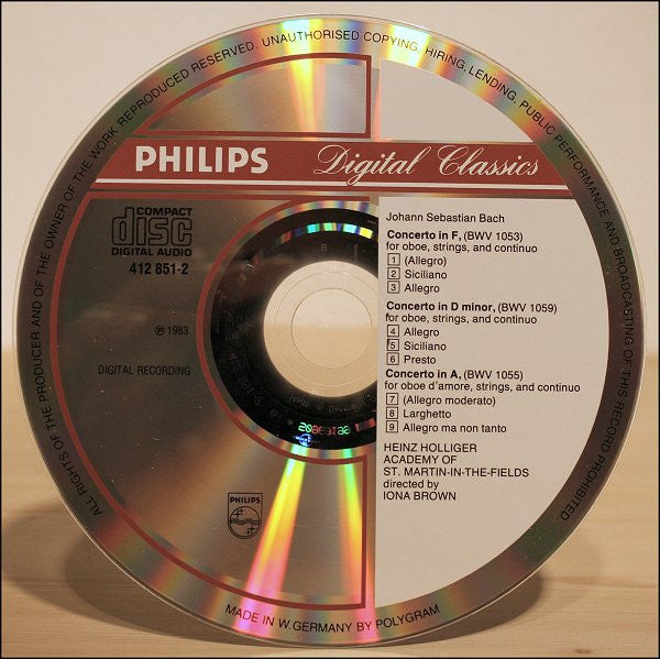 J.S.  Bach* - Heinz Holliger, Academy Of St. Martin-in-the-Fields*, Iona Brown : 3 Oboe Concertos = 3 Oboenkonzerte (BWV 1053, 1055, 1059) (CD, Album, RE, EDC)