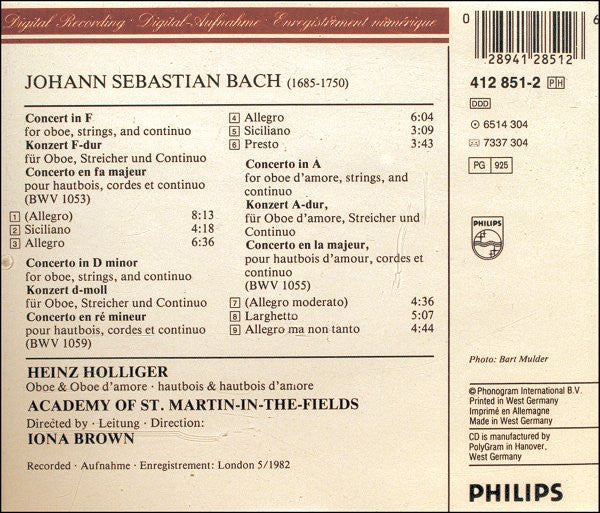 J.S.  Bach* - Heinz Holliger, Academy Of St. Martin-in-the-Fields*, Iona Brown : 3 Oboe Concertos = 3 Oboenkonzerte (BWV 1053, 1055, 1059) (CD, Album, RE, EDC)