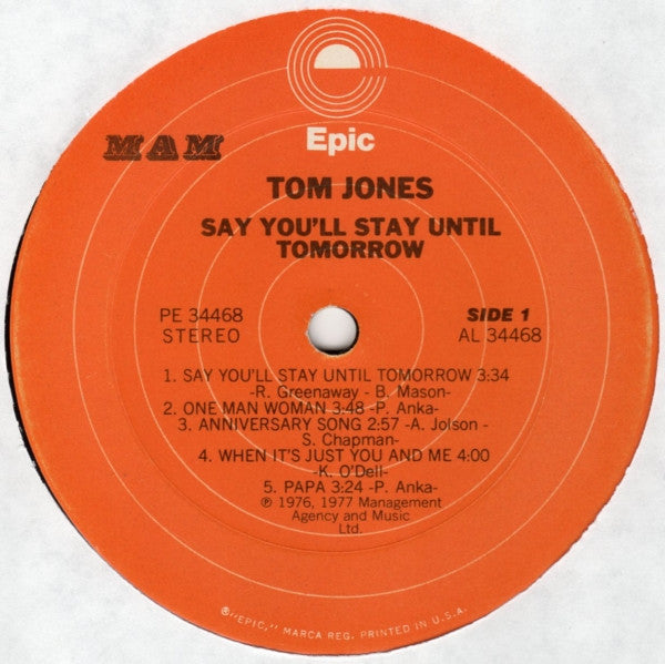 Tom Jones : Say You'll Stay Until Tomorrow (LP, Album)