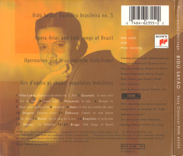 Bidú Sayão : Bachiana Brasiliera No. 5 Opera Arias & Brazilian Folksongs (CD, Comp, Mono, RM)