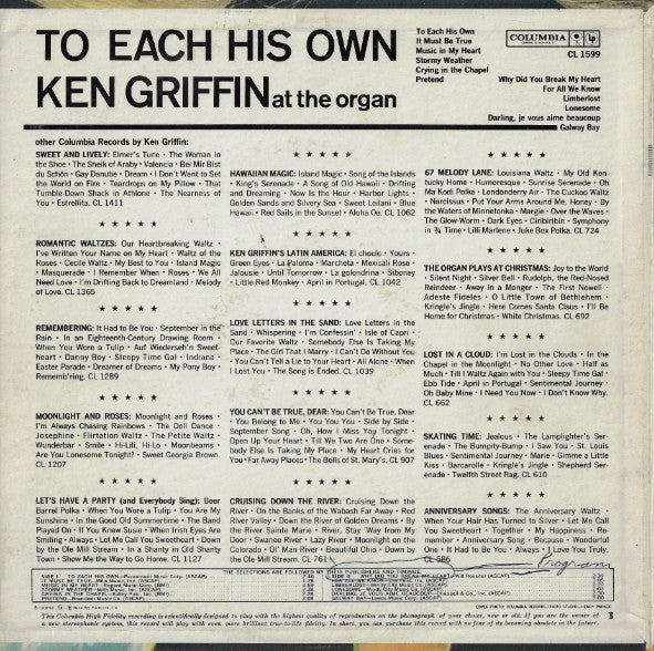Ken Griffin At The Organ* : To Each His Own (LP, Album, Ter)