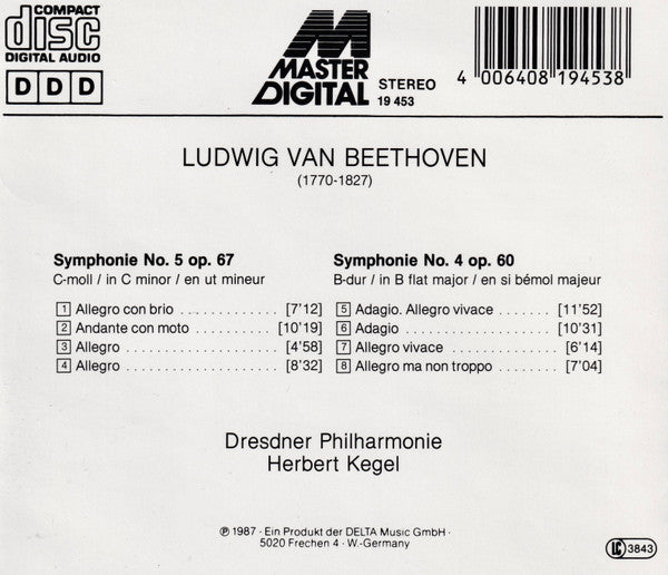 Beethoven* - Dresdner Philharmonie, Herbert Kegel : Symphony No.5 / Symphony No.4 (CD, Comp)