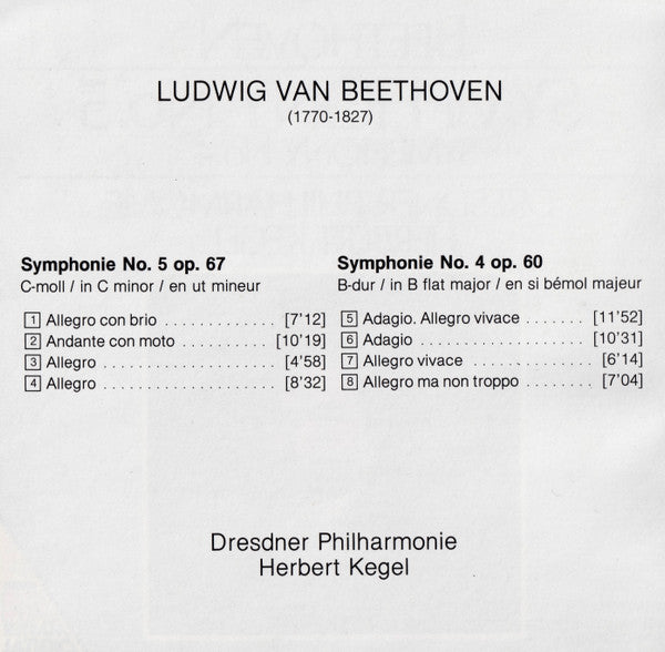 Beethoven* - Dresdner Philharmonie, Herbert Kegel : Symphony No.5 / Symphony No.4 (CD, Comp)